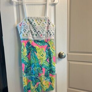 Vibrant Tropical Leaf Print Dress with Lace